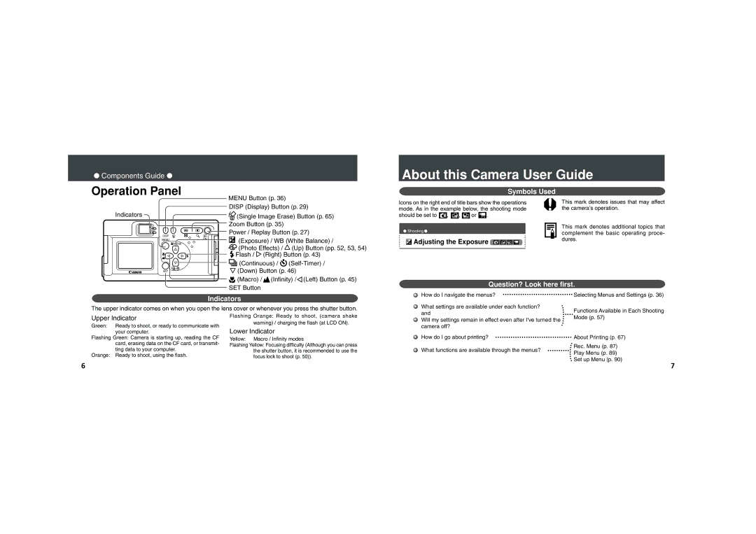 Canon PowerShot A100 About this Camera User Guide, Operation Panel, Symbols Used, Question? Look here first Indicators 