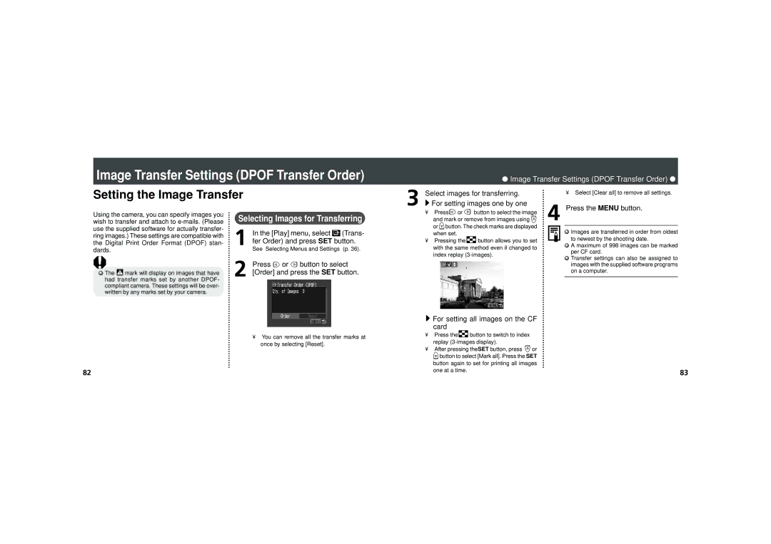 Canon PowerShot A100 Setting the Image Transfer, Image Transfer Settings Dpof Transfer Order, Play menu, select Trans 