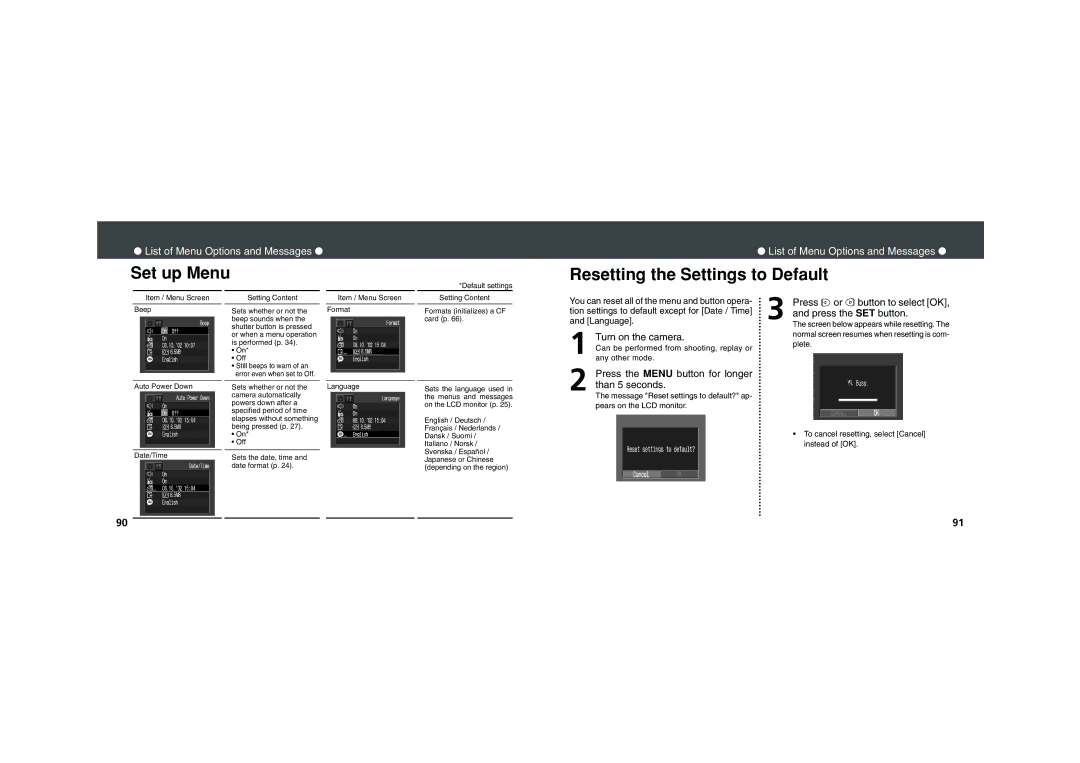 Canon PowerShot A100 Set up Menu, Resetting the Settings Default, Press or button to select OK, Turn on the camera 