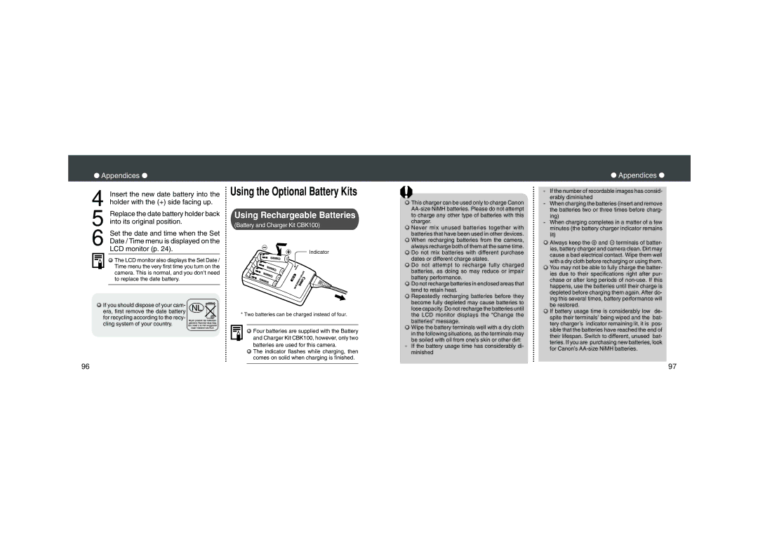 Canon PowerShot A200, PowerShot A100 quick start Using Rechargeable Batteries, Appendices 