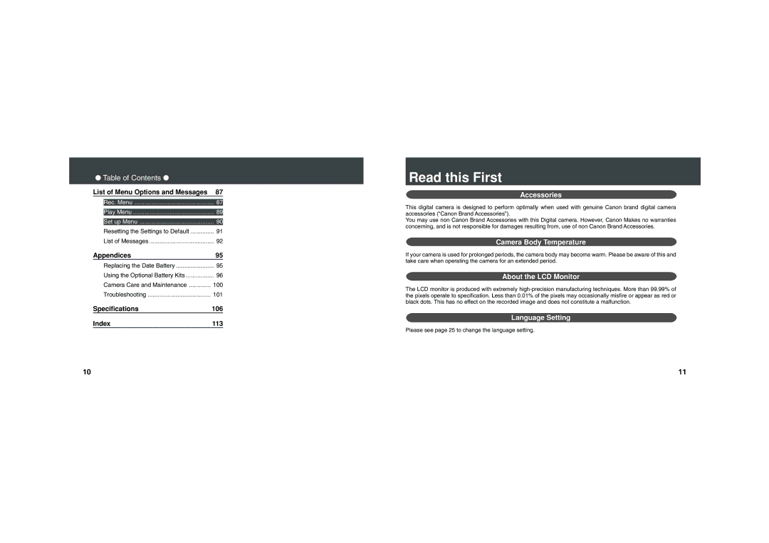 Canon PowerShot A100 Read this First, Accessories, Camera Body Temperature, About the LCD Monitor, Language Setting 