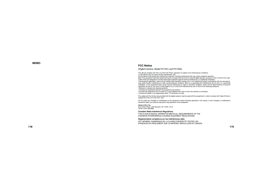 Canon PowerShot A200, PowerShot A100 quick start FCC Notice, Digital Camera, Model PC1021 and PC1025 