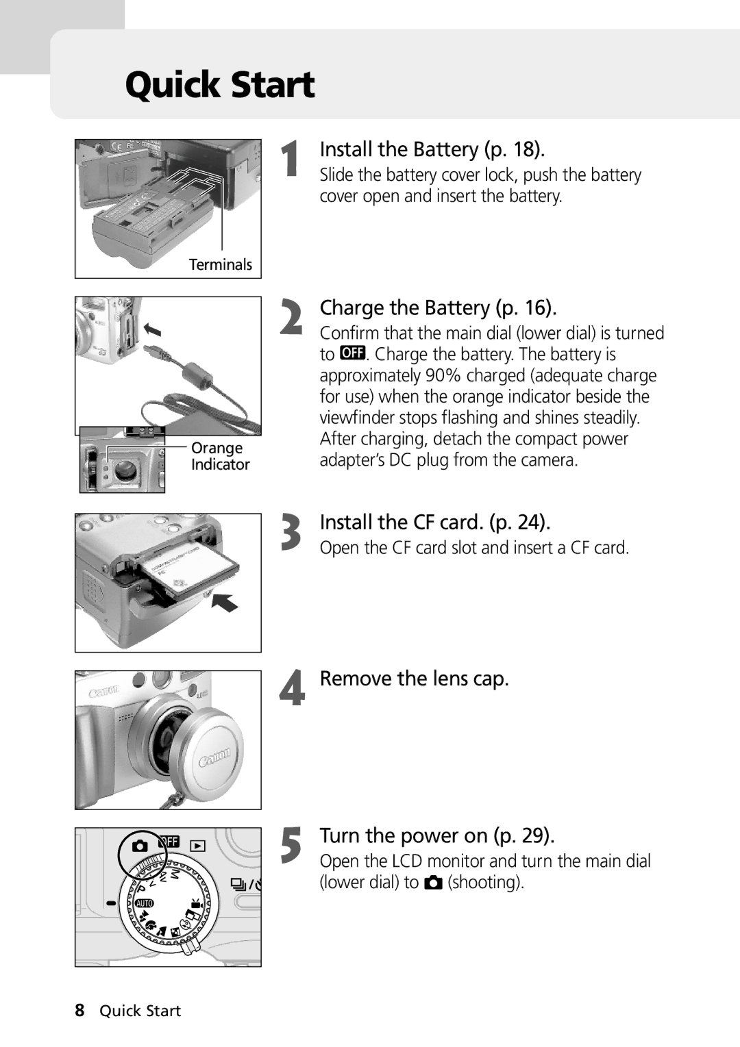 Canon PowerShot G2 manual Quick Start, Install the Battery p, Charge the Battery p, Install the CF card. p 