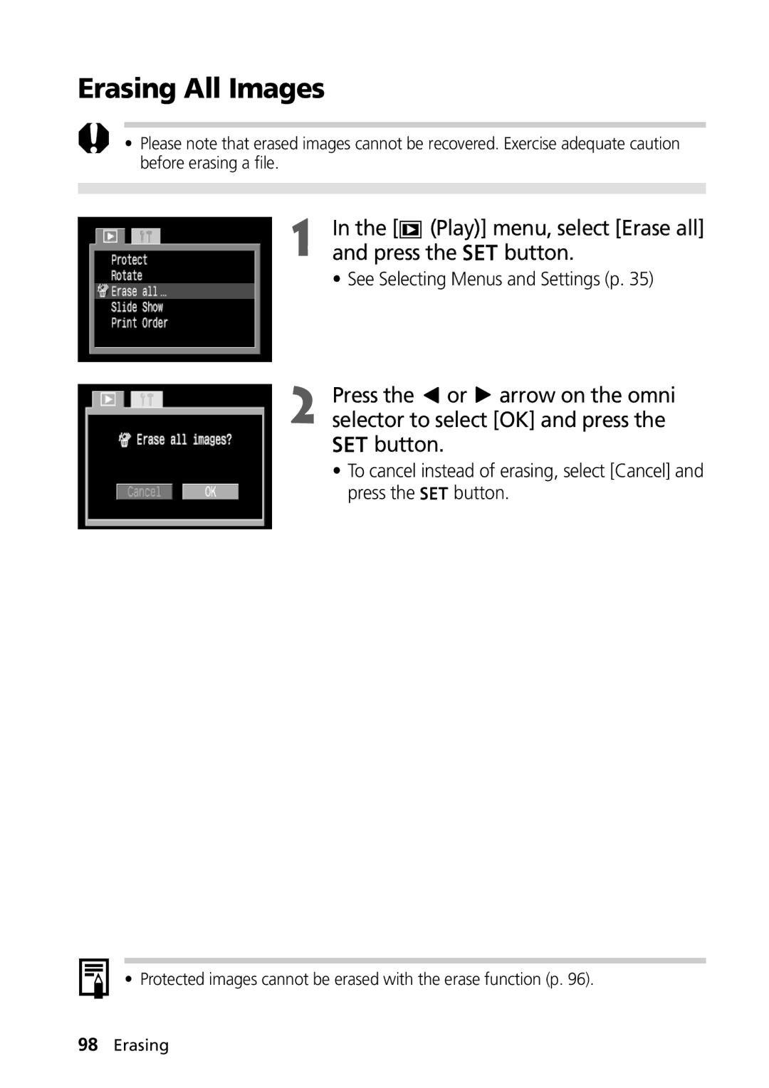 Canon PowerShot G2 manual Erasing All Images, Play menu, select Erase all, To cancel instead of erasing, select Cancel 