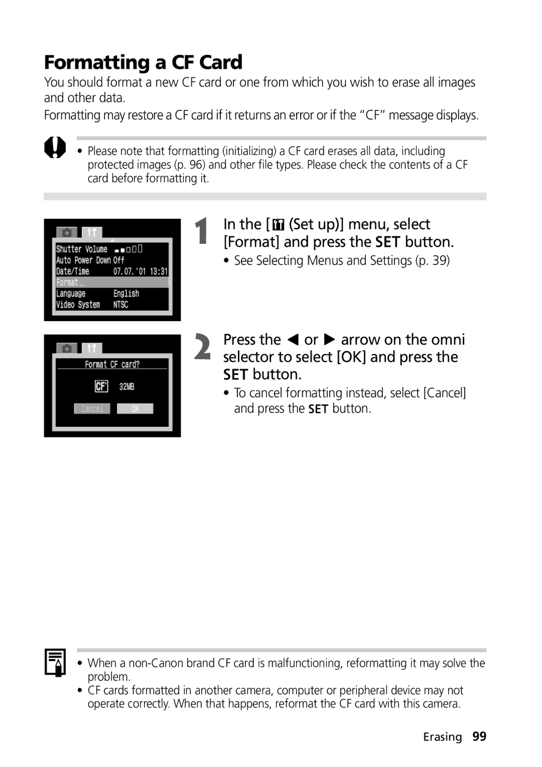 Canon PowerShot G2 manual Formatting a CF Card, Set up menu, select, Format and press Button 