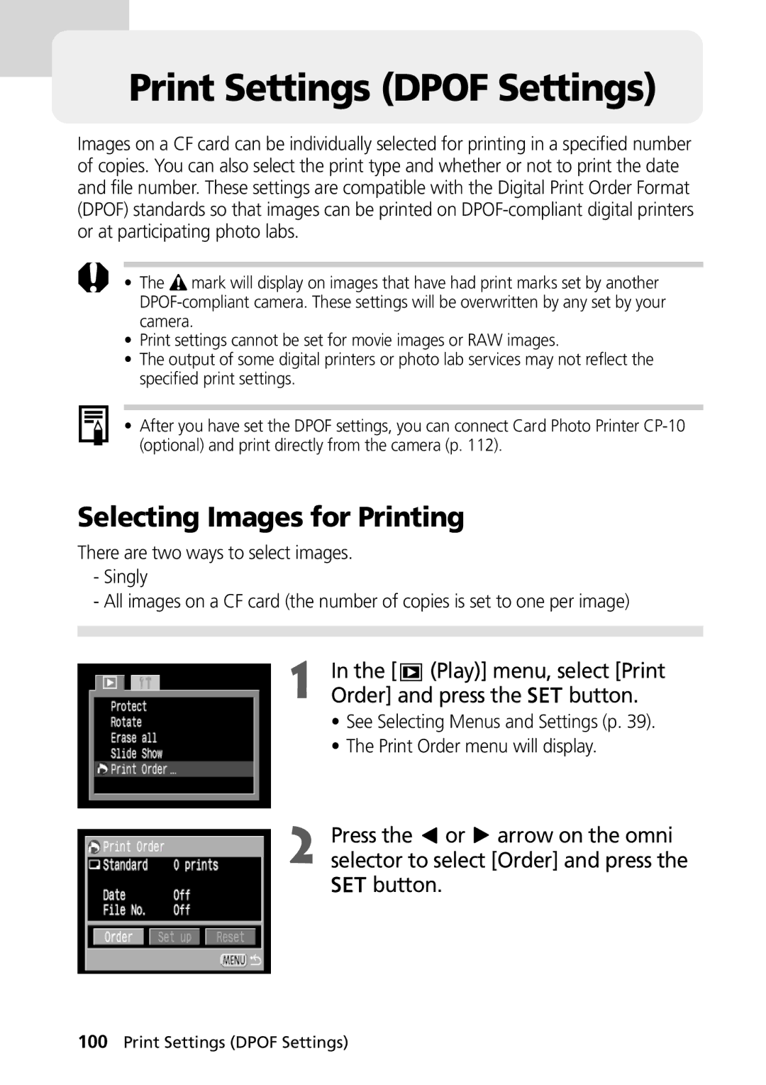 Canon PowerShot G2 manual Print Settings Dpof Settings, Selecting Images for Printing 