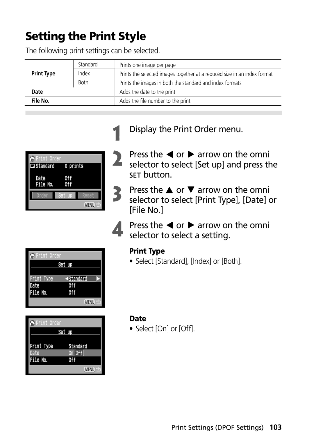 Canon PowerShot G2 manual Setting the Print Style, Print Type, Date 