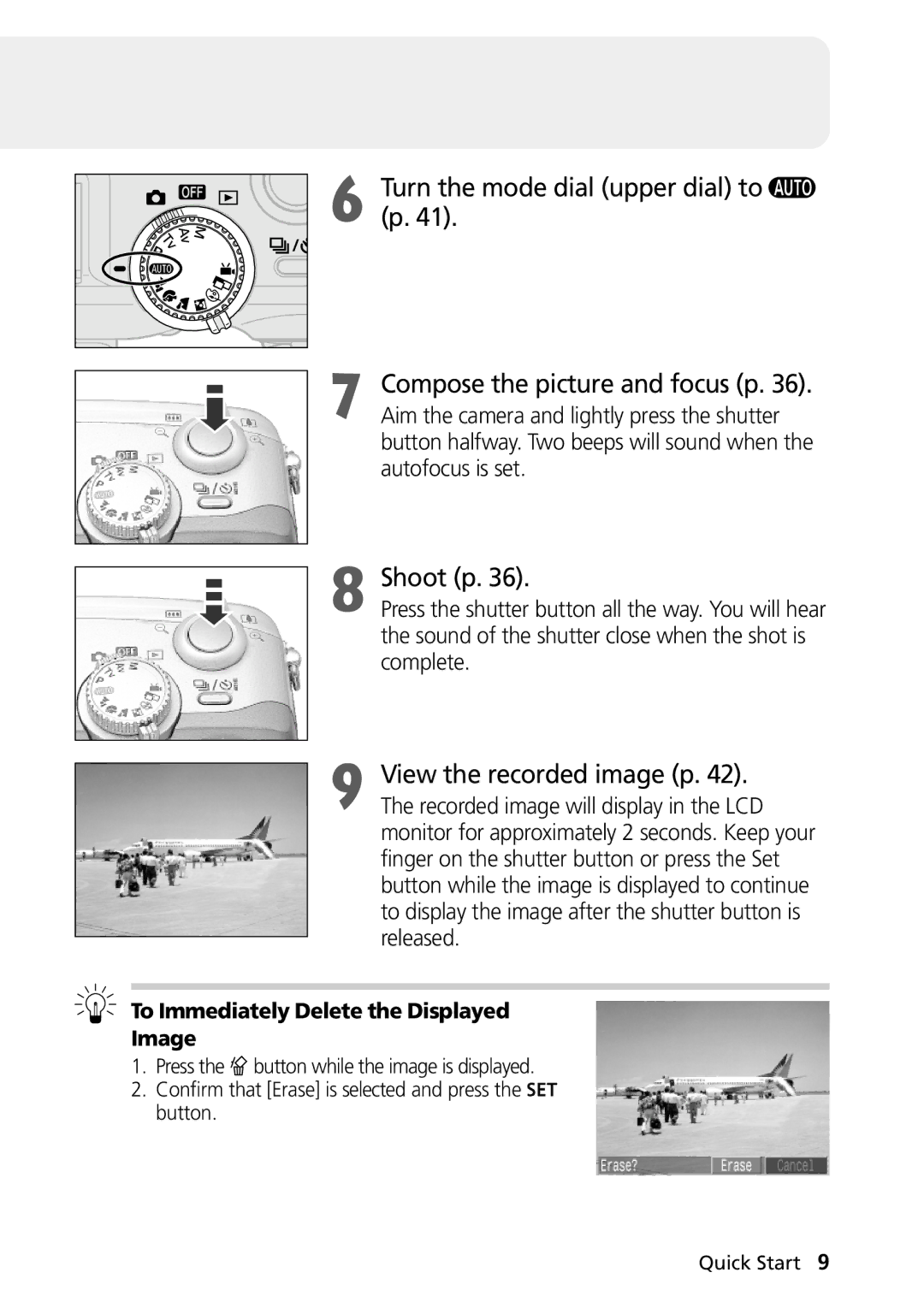 Canon PowerShot G2 manual Shoot p, View the recorded image p, To Immediately Delete the Displayed Image 