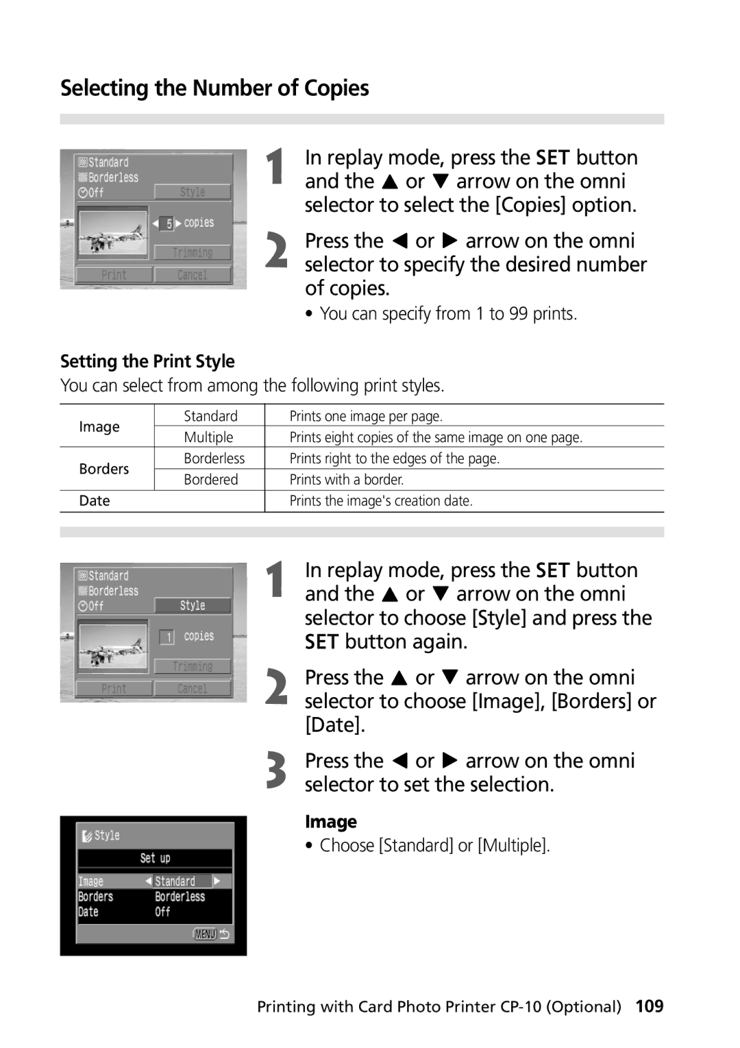 Canon PowerShot G2 manual Selecting the Number of Copies, Replay mode, press Button Arrow on the omni 