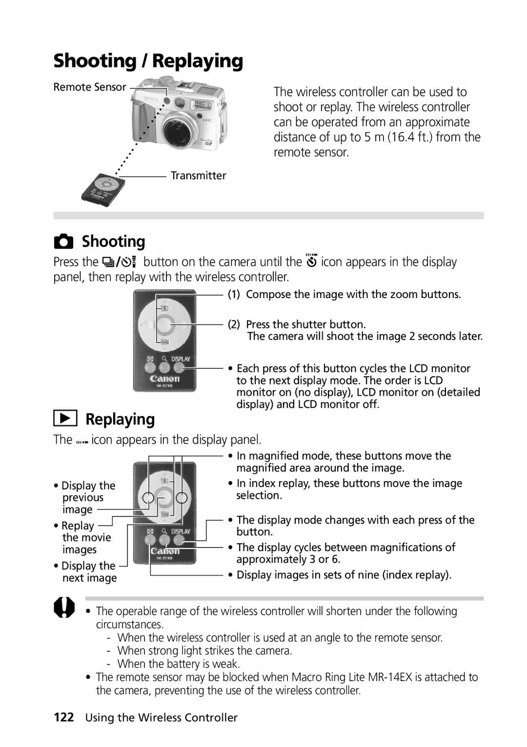 Canon PowerShot G2 Shooting / Replaying, Press Button on the camera until, Panel, then replay with the wireless controller 