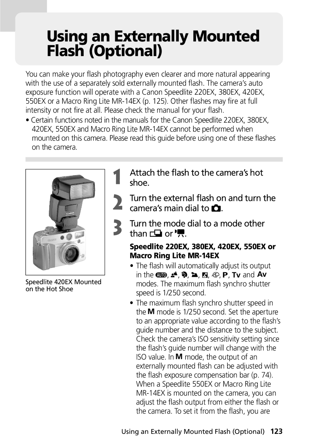 Canon PowerShot G2 manual Using an Externally Mounted Flash Optional 