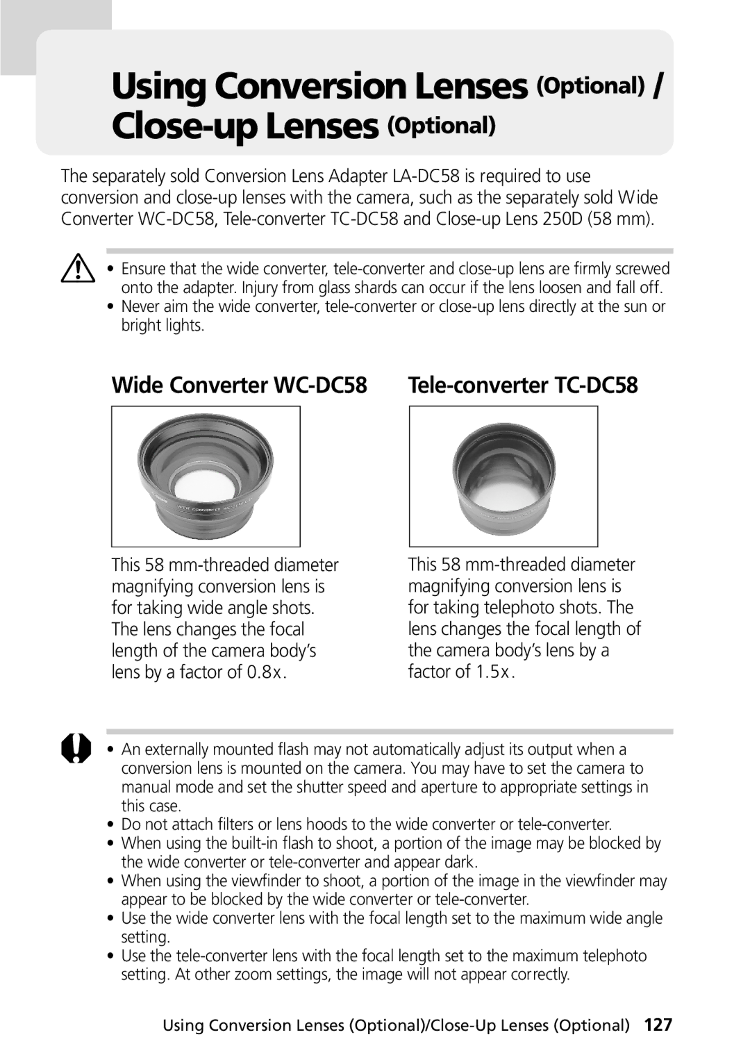 Canon PowerShot G2 manual Using Conversion Lenses Optional / Close-up Lenses Optional, Wide Converter WC-DC58 