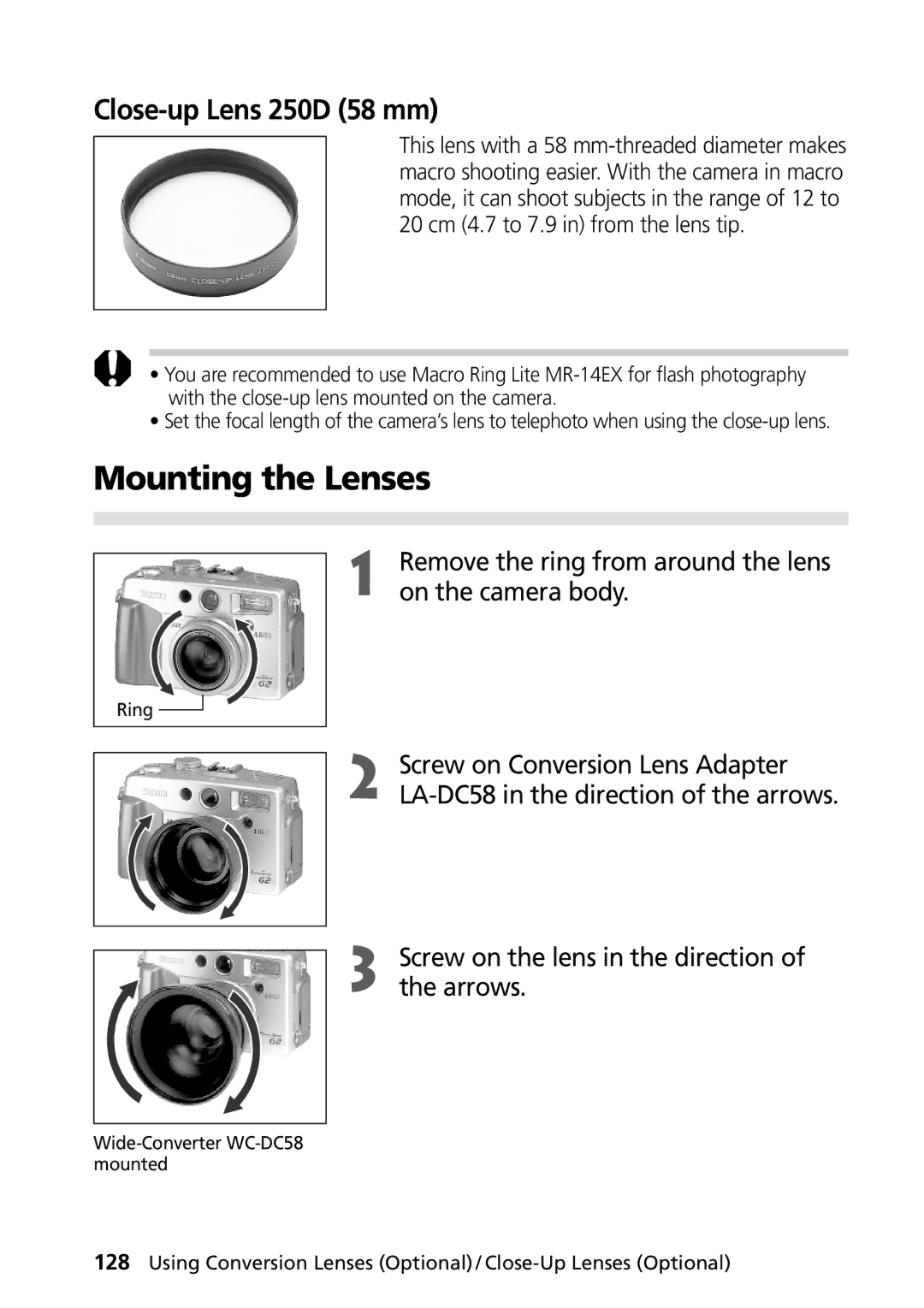 Canon PowerShot G2 Mounting the Lenses, Close-up Lens 250D 58 mm, Remove the ring from around the lens, On the camera body 