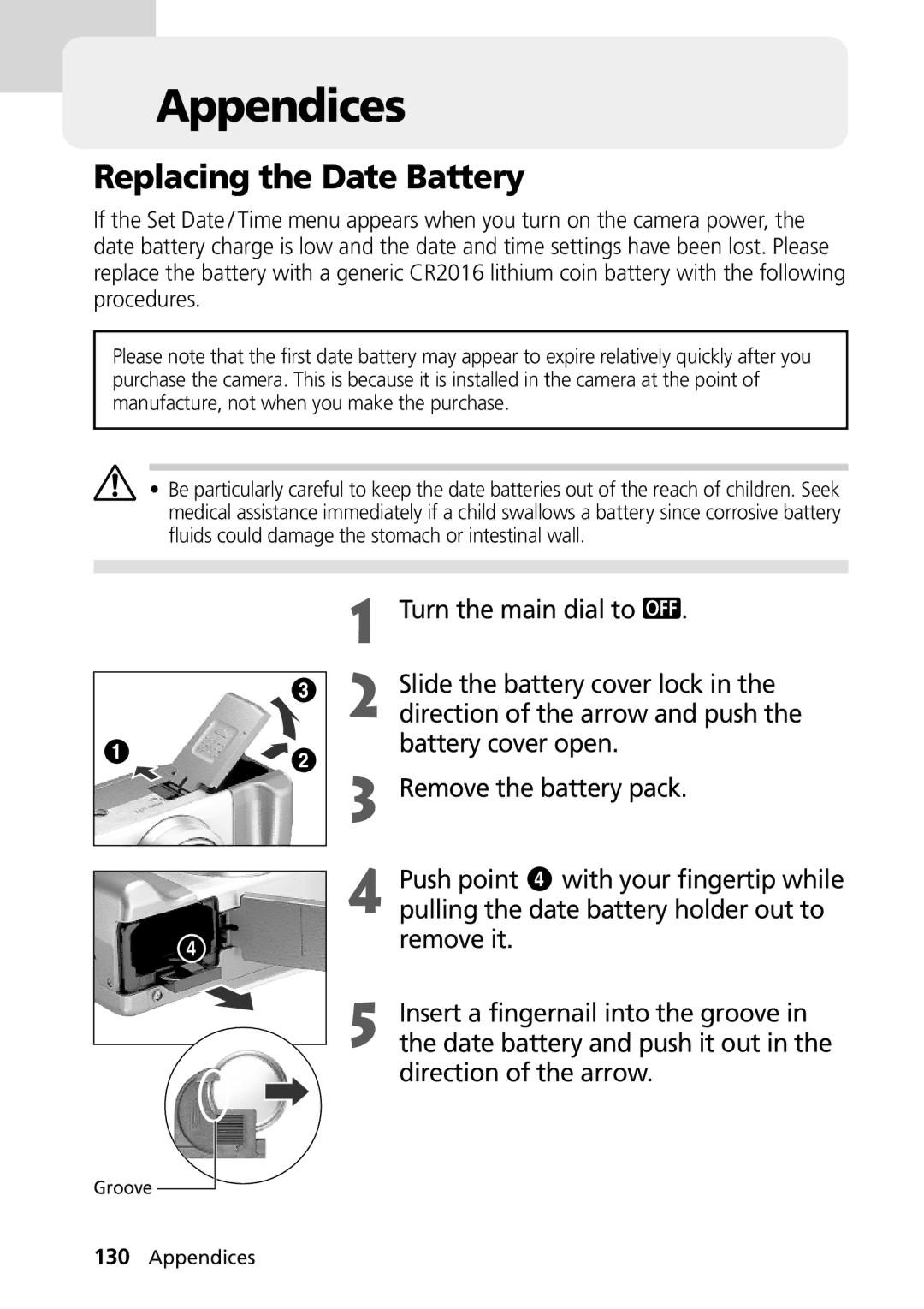 Canon PowerShot G2 manual Appendices, Replacing the Date Battery 