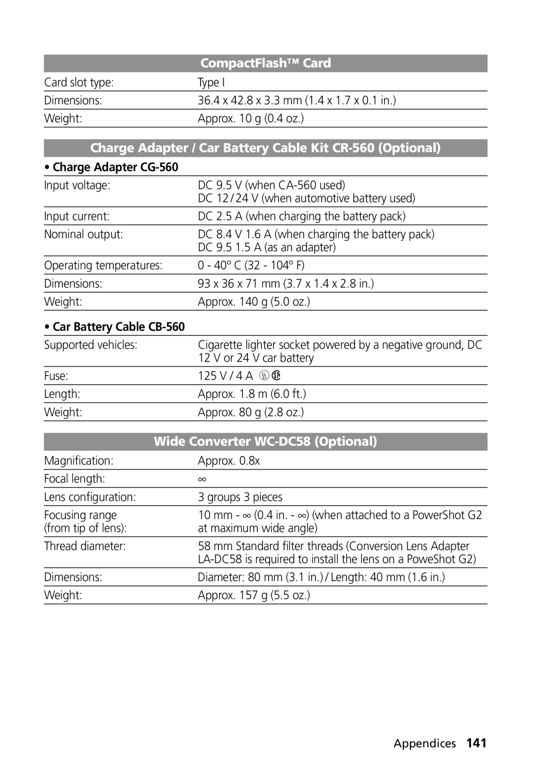 Canon PowerShot G2 manual Charge Adapter CG-560, Supported vehicles, Or 24 V car battery 