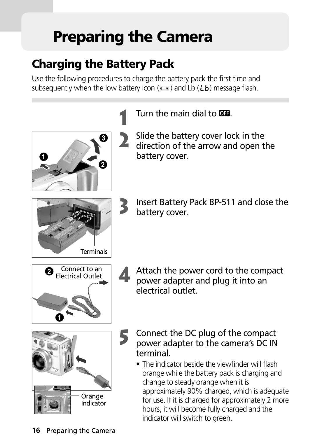 Canon PowerShot G2 Preparing the Camera, Charging the Battery Pack, Insert Battery Pack BP-511 and close the battery cover 