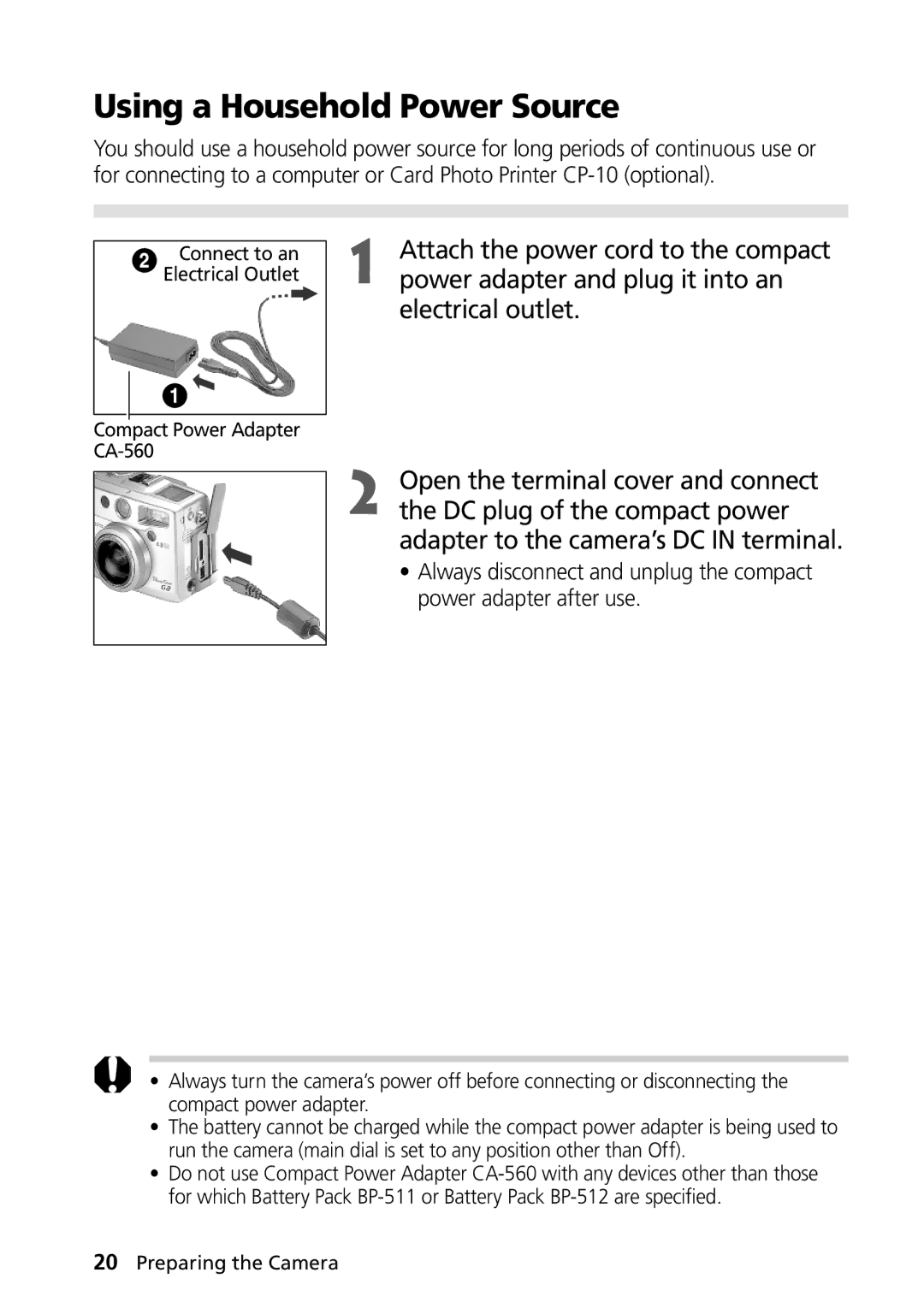 Canon PowerShot G2 Using a Household Power Source, Attach the power cord to the compact, Power adapter and plug it into an 