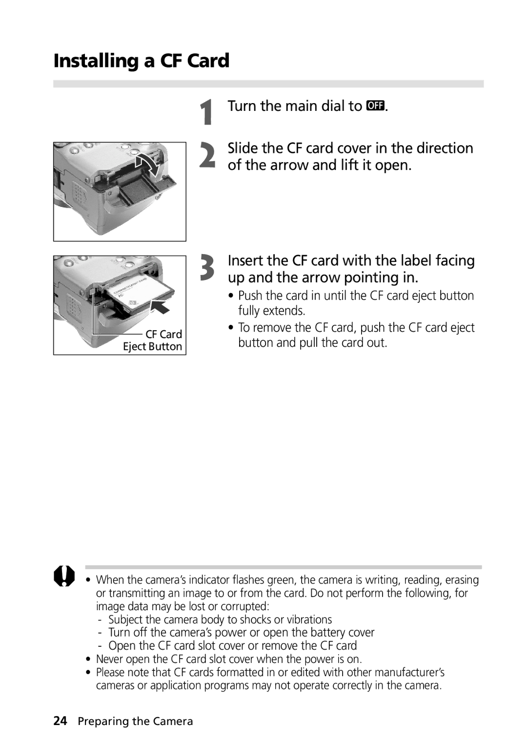 Canon PowerShot G2 manual Installing a CF Card 