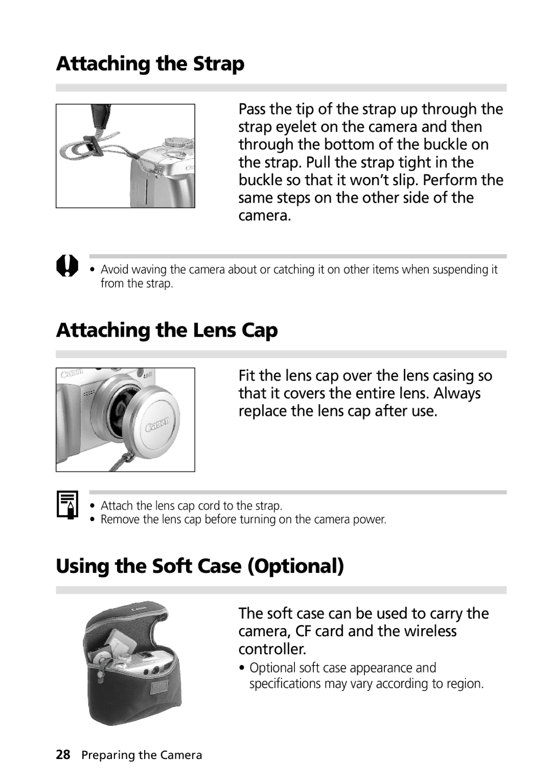 Canon PowerShot G2 manual Attaching the Strap, Attaching the Lens Cap, Using the Soft Case Optional 