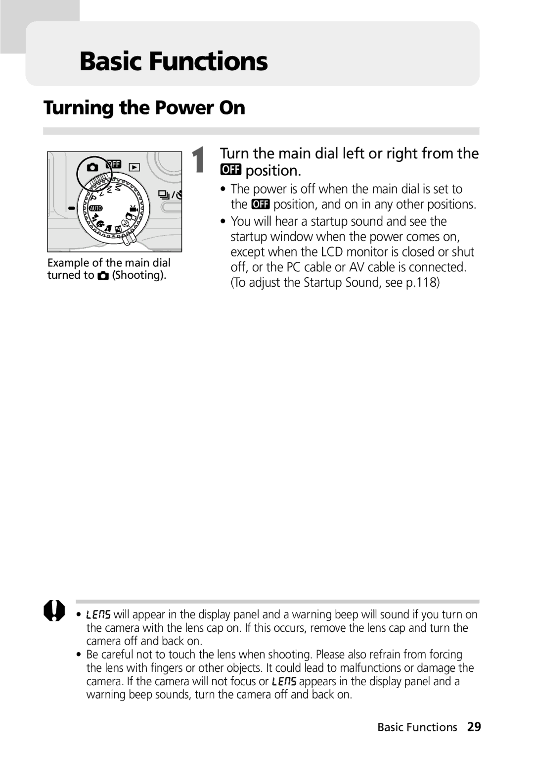 Canon PowerShot G2 manual Basic Functions, Turning the Power On, Turn the main dial left or right from, Position 