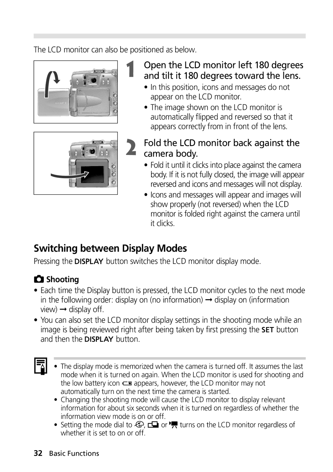 Canon PowerShot G2 manual Switching between Display Modes, Tilt it 180 degrees toward the lens, Shooting 