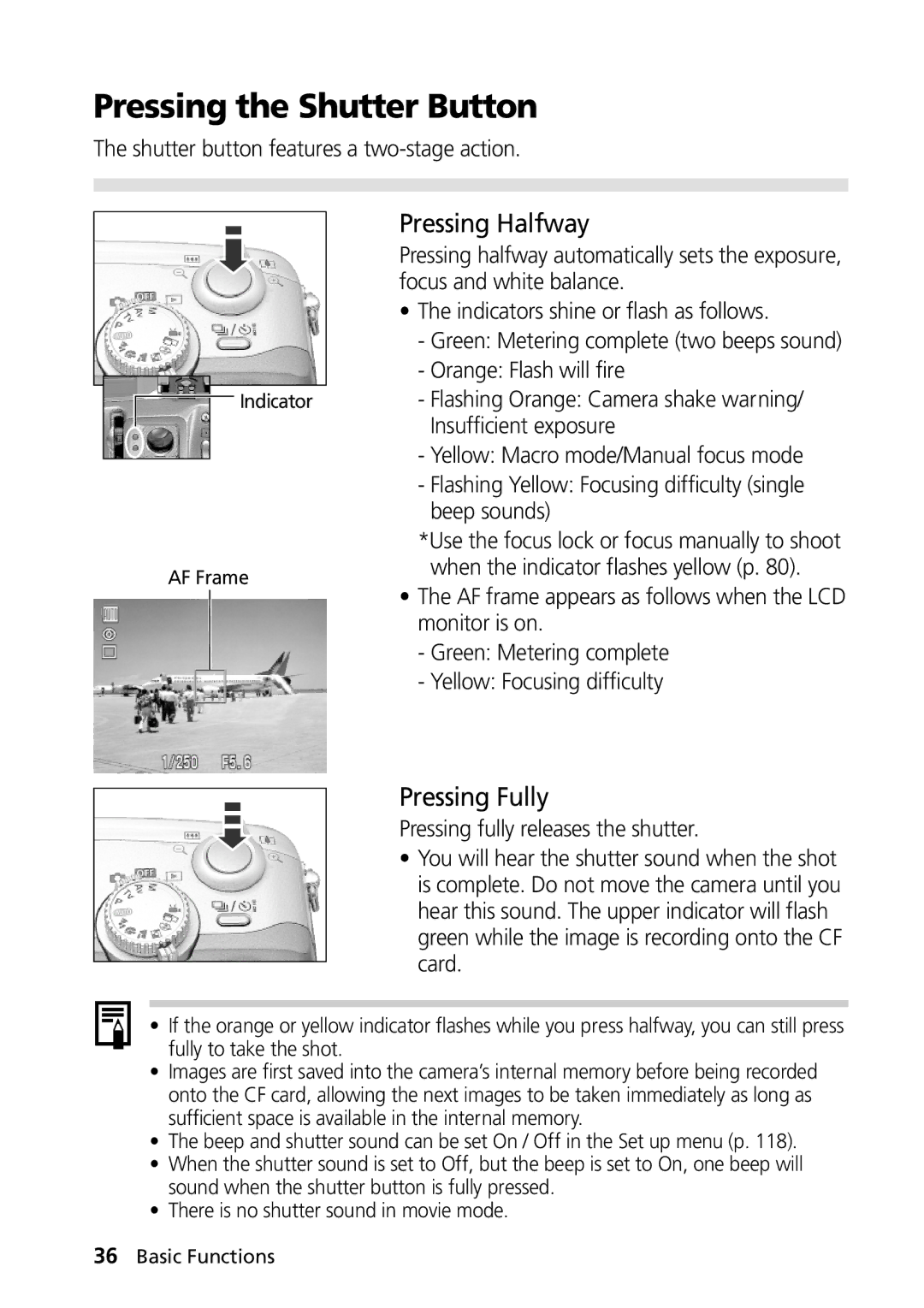 Canon PowerShot G2 manual Pressing the Shutter Button, Pressing Halfway, Pressing Fully 