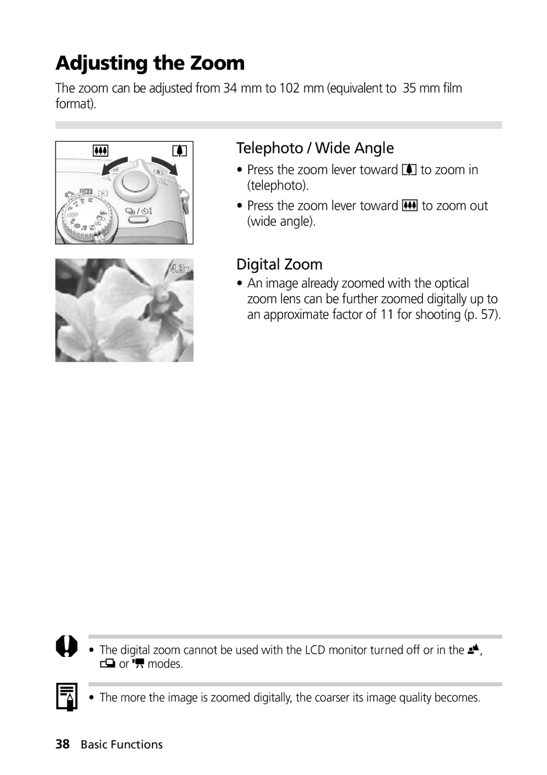 Canon PowerShot G2 manual Adjusting the Zoom, Telephoto / Wide Angle, Digital Zoom 