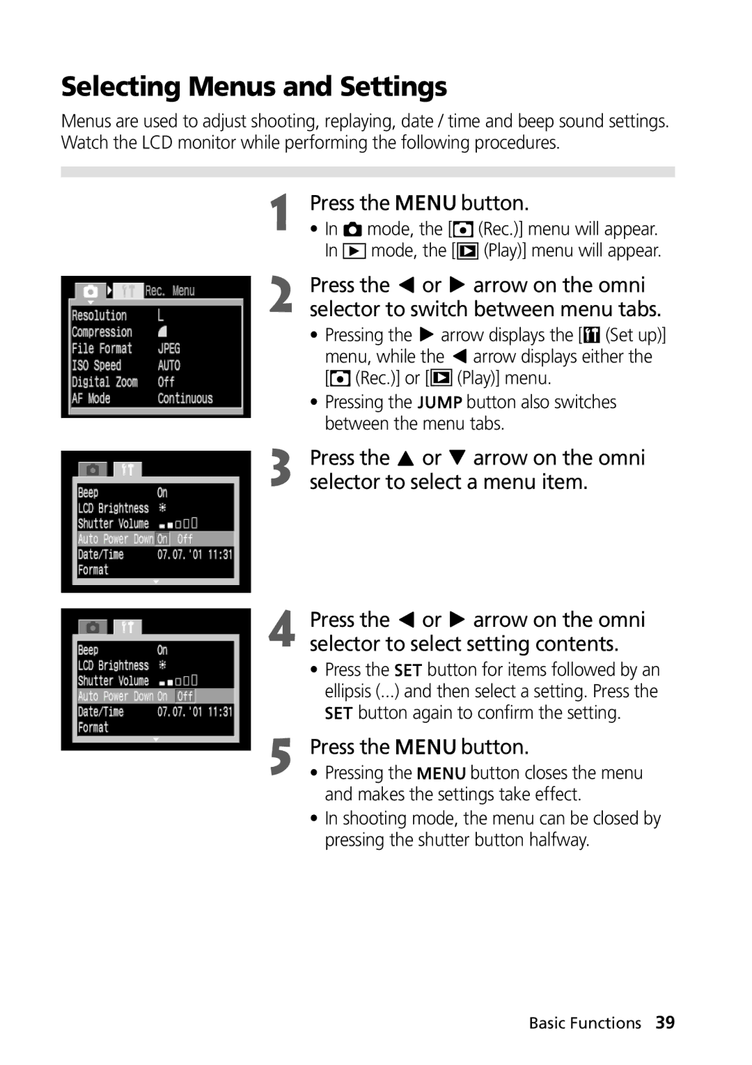 Canon PowerShot G2 manual Selecting Menus and Settings, Pressing the button also switches between the menu tabs, Mode 