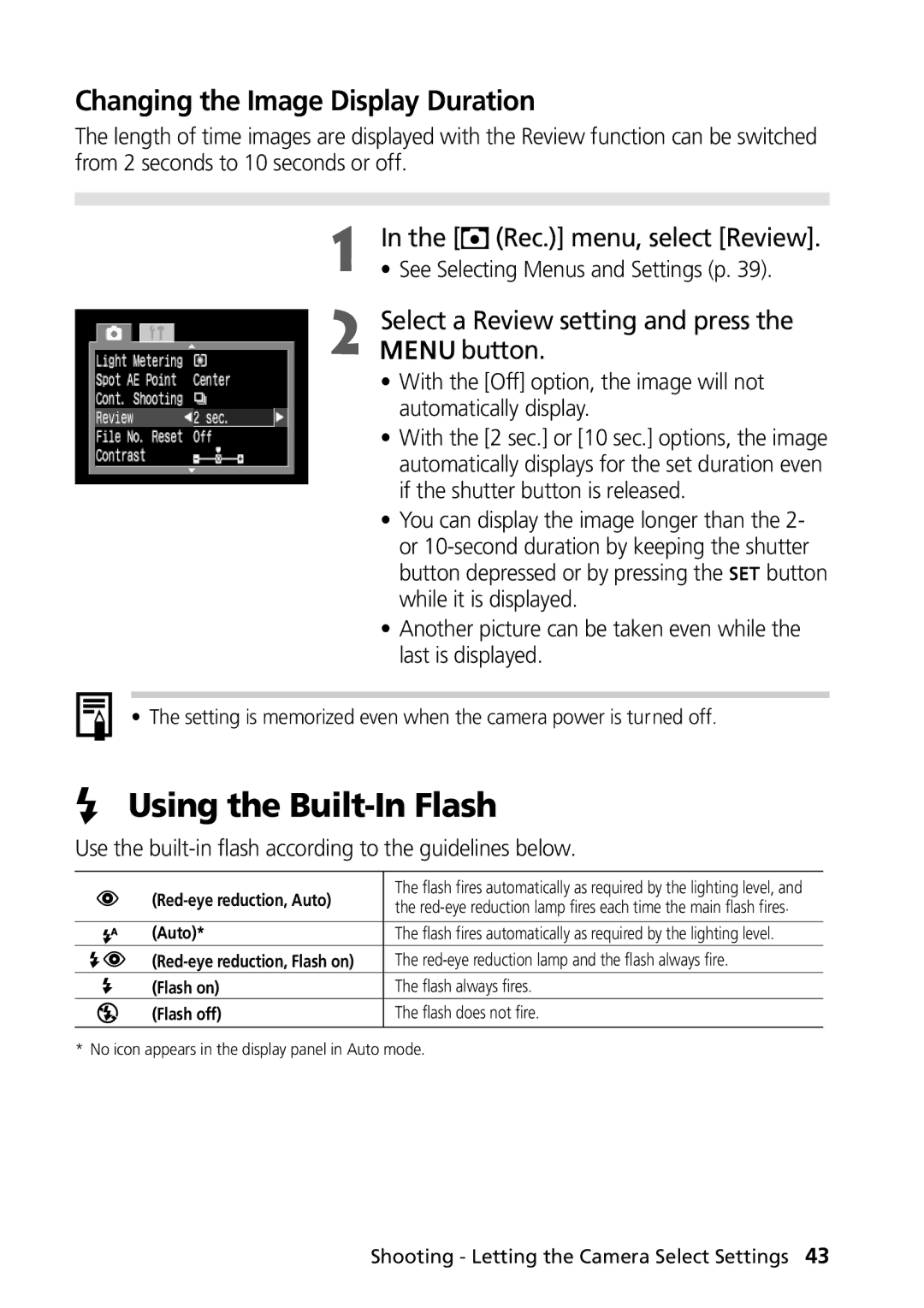 Canon PowerShot G2 manual Using the Built-In Flash, Changing the Image Display Duration, Rec. menu, select Review 