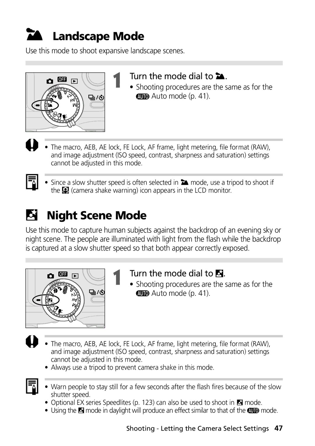 Canon PowerShot G2 manual Landscape Mode, Night Scene Mode, Use this mode to shoot expansive landscape scenes 