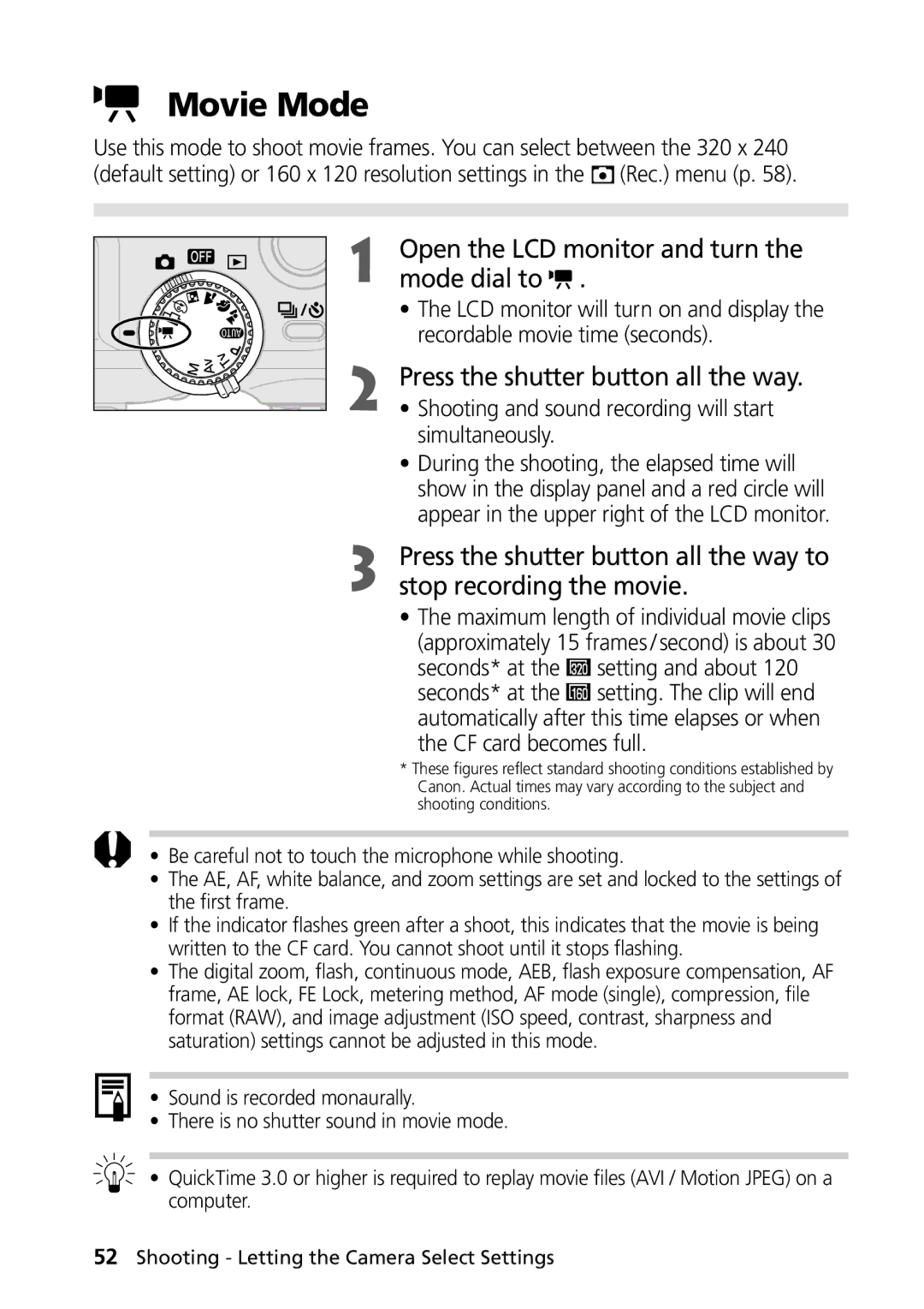 Canon PowerShot G2 manual Movie Mode, Shooting and sound recording will start simultaneously, CF card becomes full 