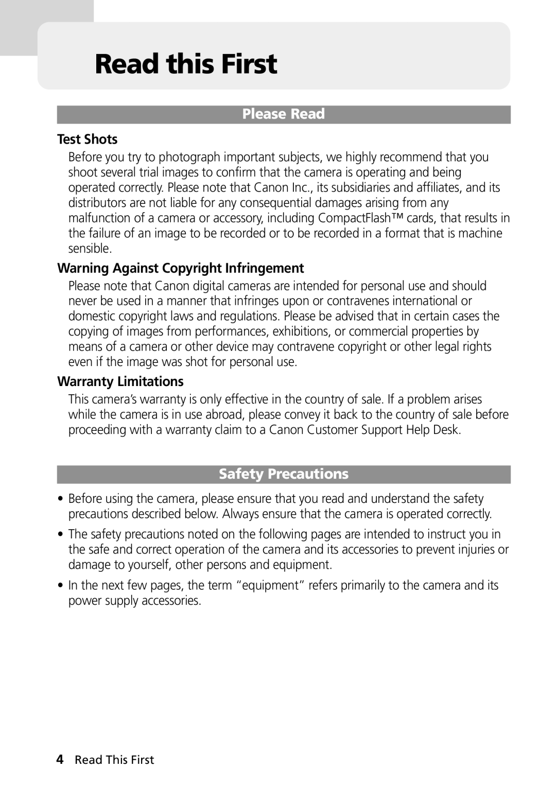 Canon PowerShot G2 manual Read this First, Test Shots, Warranty Limitations 