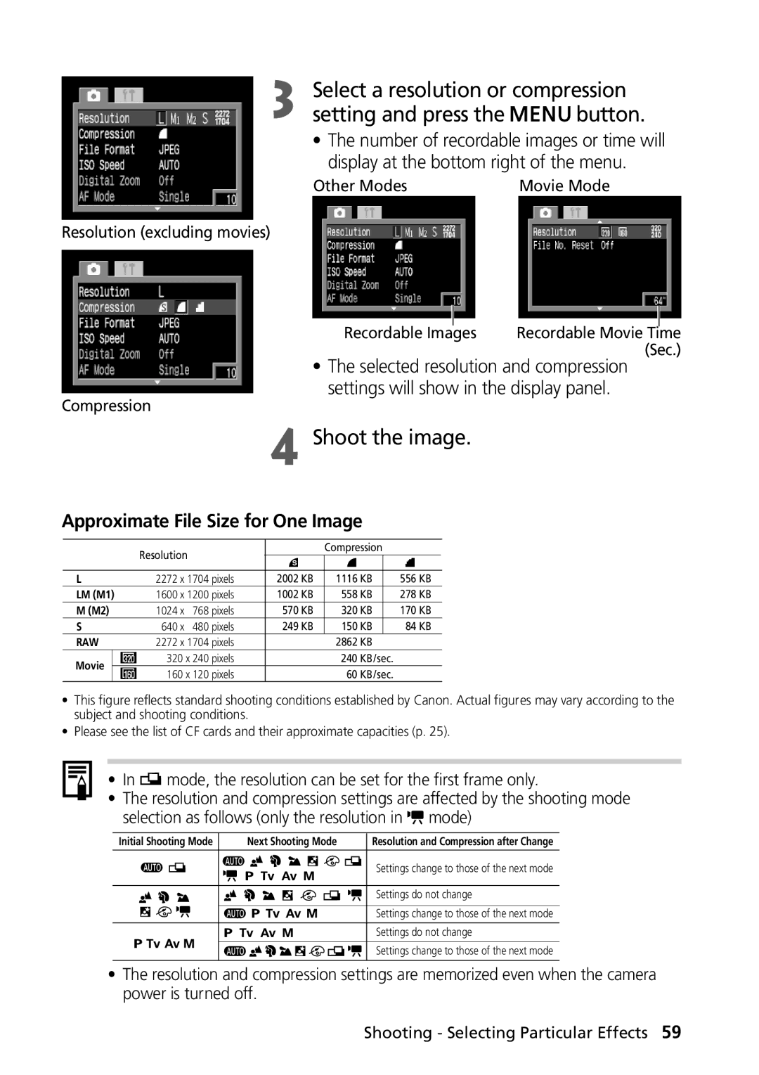 Canon PowerShot G2 Select a resolution or compression, Setting and press Button, Approximate File Size for One Image, Mode 