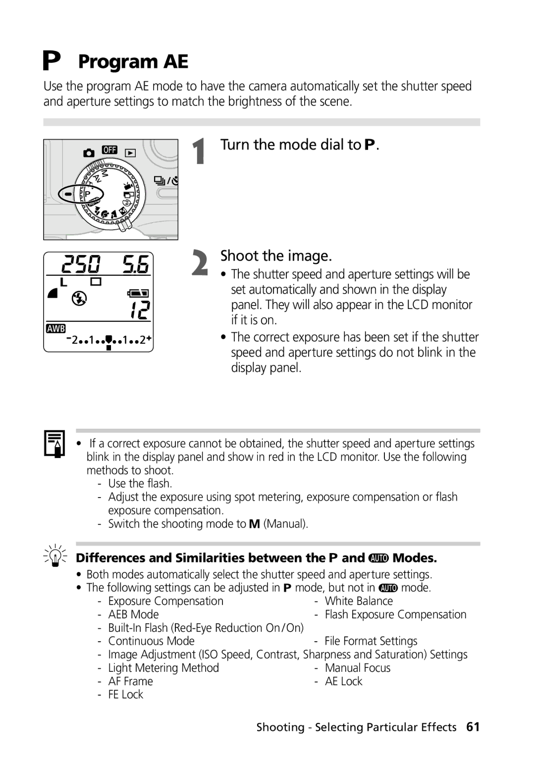 Canon PowerShot G2 Program AE, Turn the mode dial to Shoot the image, Differences and Similarities between the and Modes 