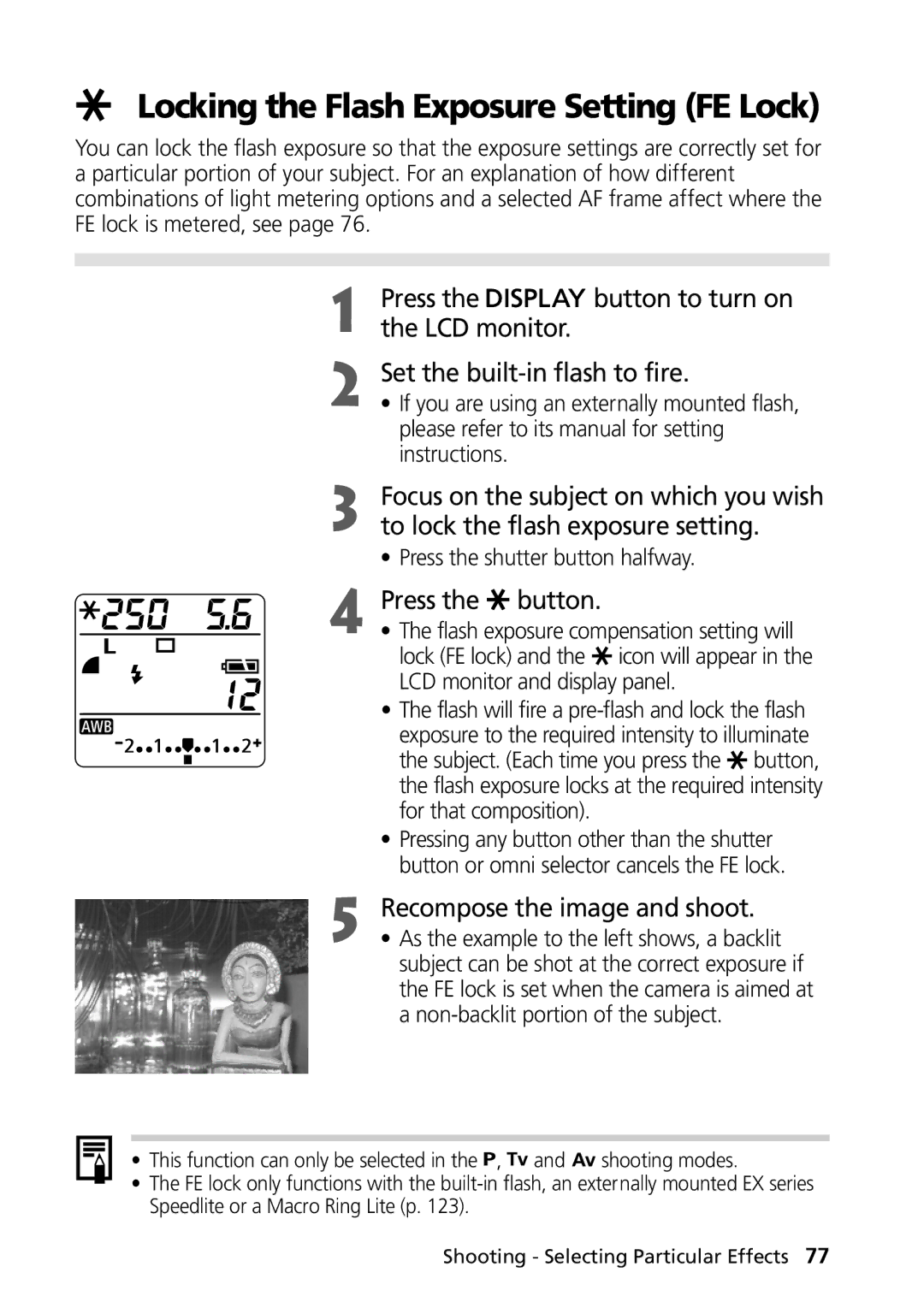 Canon PowerShot G2 manual Locking the Flash Exposure Setting FE Lock, To lock the flash exposure setting 