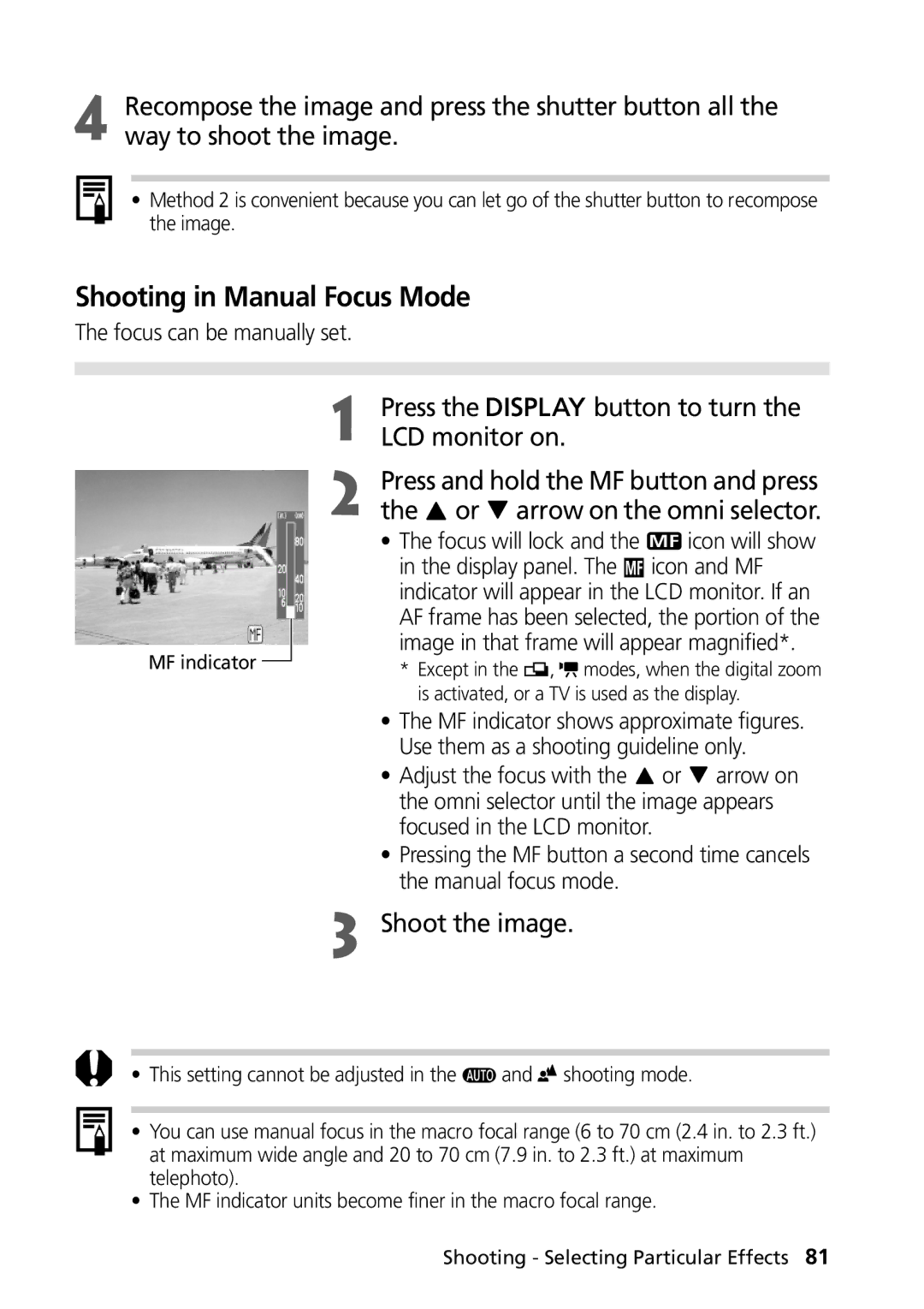 Canon PowerShot G2 manual Shooting in Manual Focus Mode, Press Button to turn LCD monitor on, Or arrow on the omni selector 