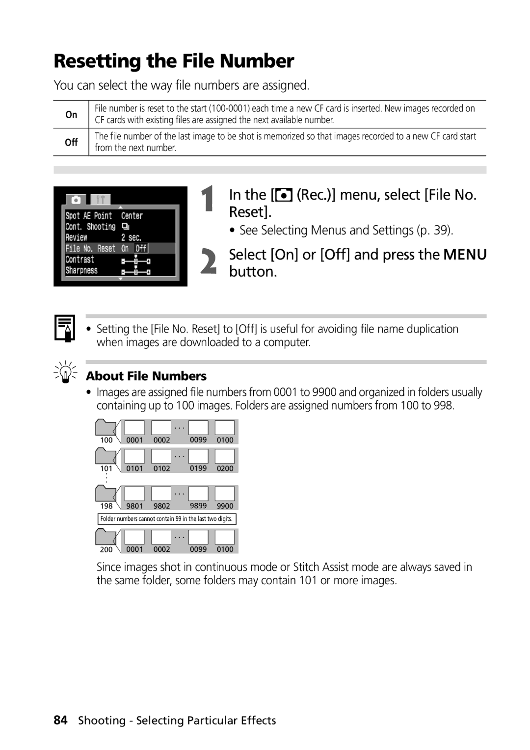 Canon PowerShot G2 manual Resetting the File Number, Select On or Off and press the button, About File Numbers 