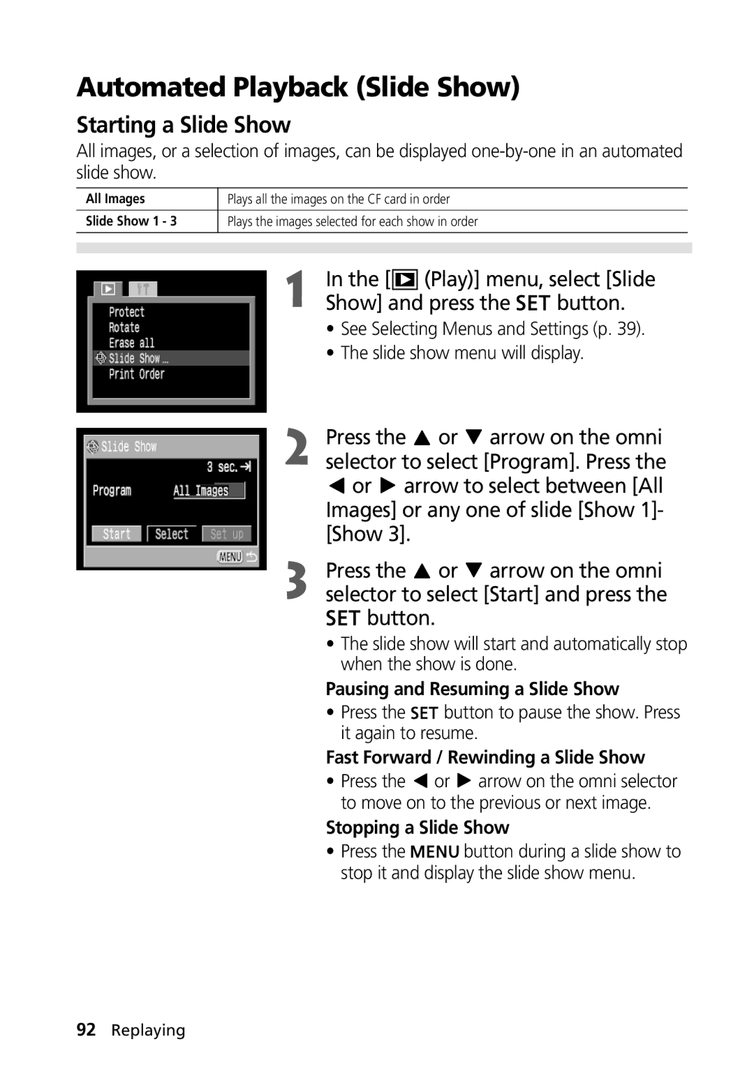 Canon PowerShot G2 Automated Playback Slide Show, Starting a Slide Show, Play menu, select Slide, Show and press Button 