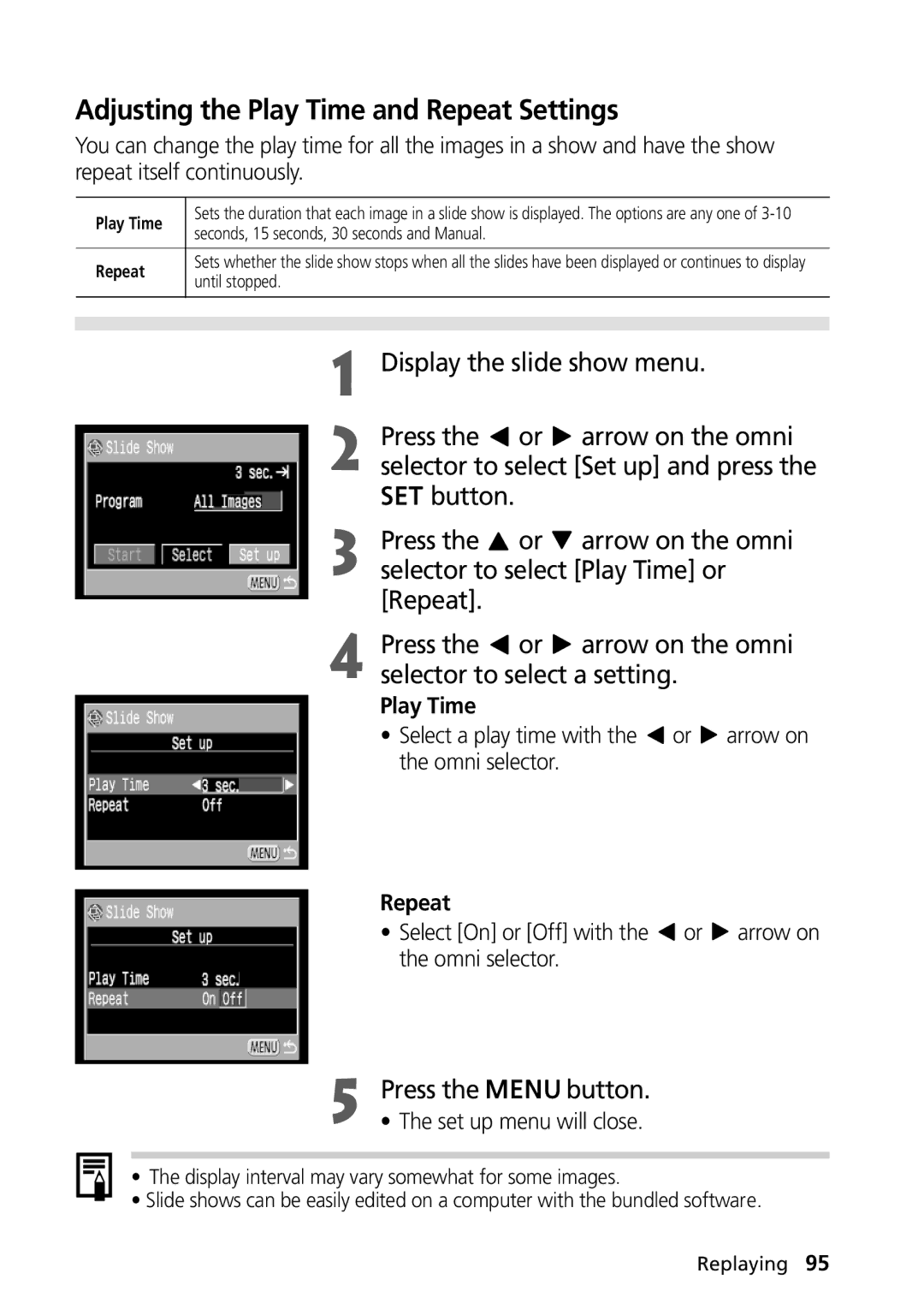 Canon PowerShot G2 Adjusting the Play Time and Repeat Settings, Select a play time with the or arrow on the omni selector 