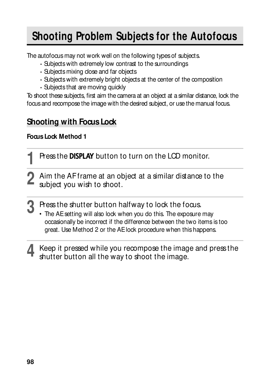 Canon PowerShot S45 manual Shooting with Focus Lock, Focus Lock Method 