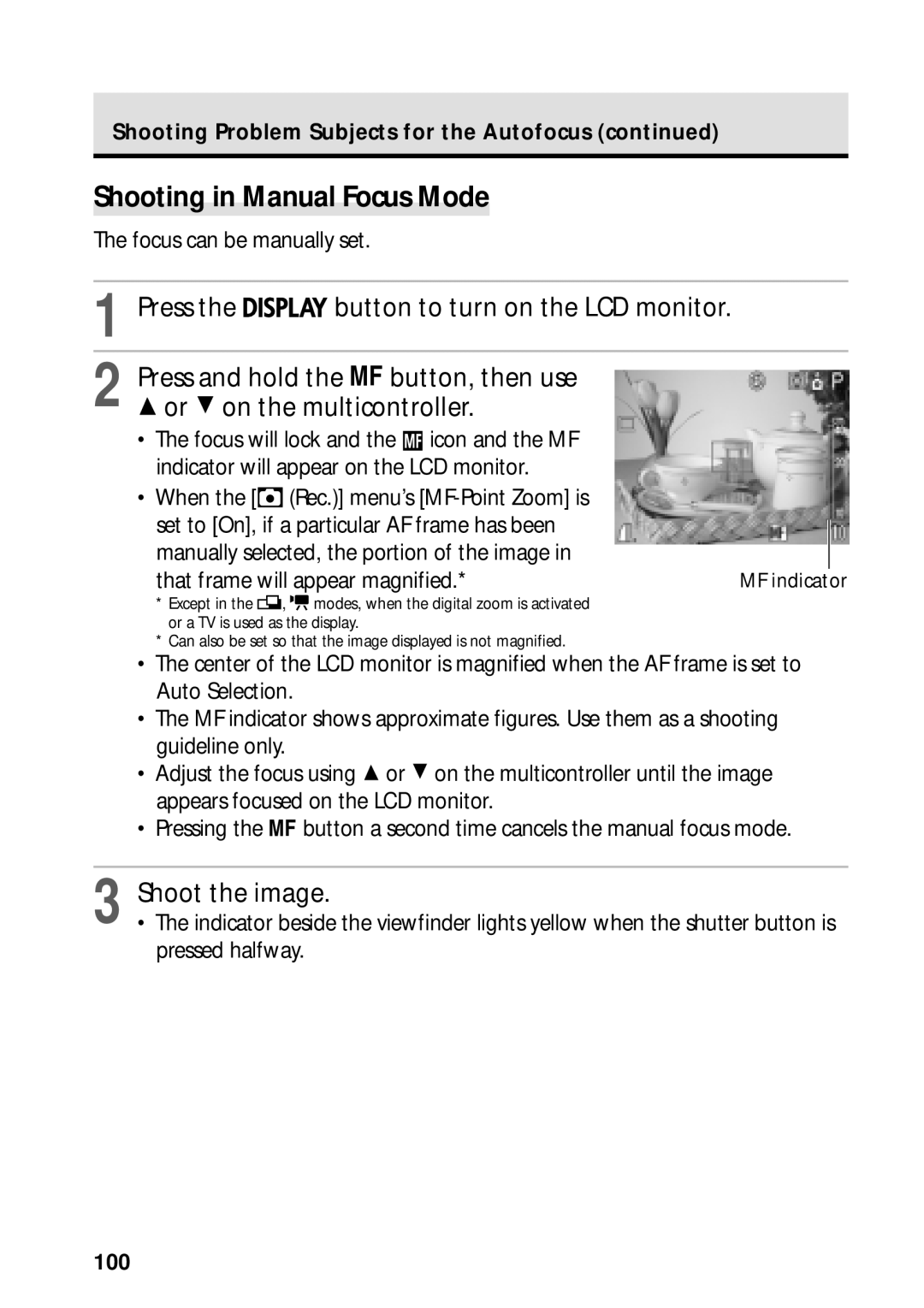 Canon PowerShot S45 Shooting in Manual Focus Mode, Focus can be manually set, That frame will appear magnified, 100 