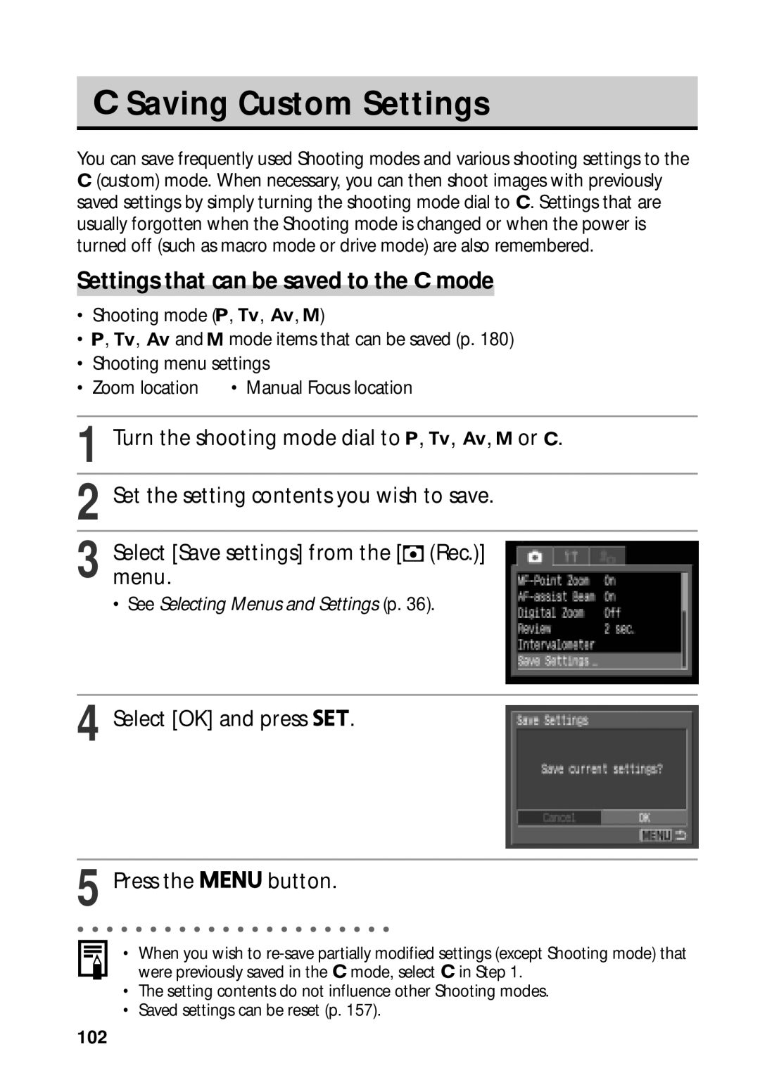 Canon PowerShot S45 manual Saving Custom Settings, Settings that can be saved to the mode, Rec, Menu 