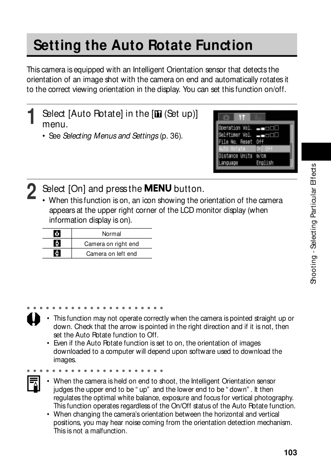 Canon PowerShot S45 Setting the Auto Rotate Function, Select Auto Rotate in the Set up menu, Select On and press Button 