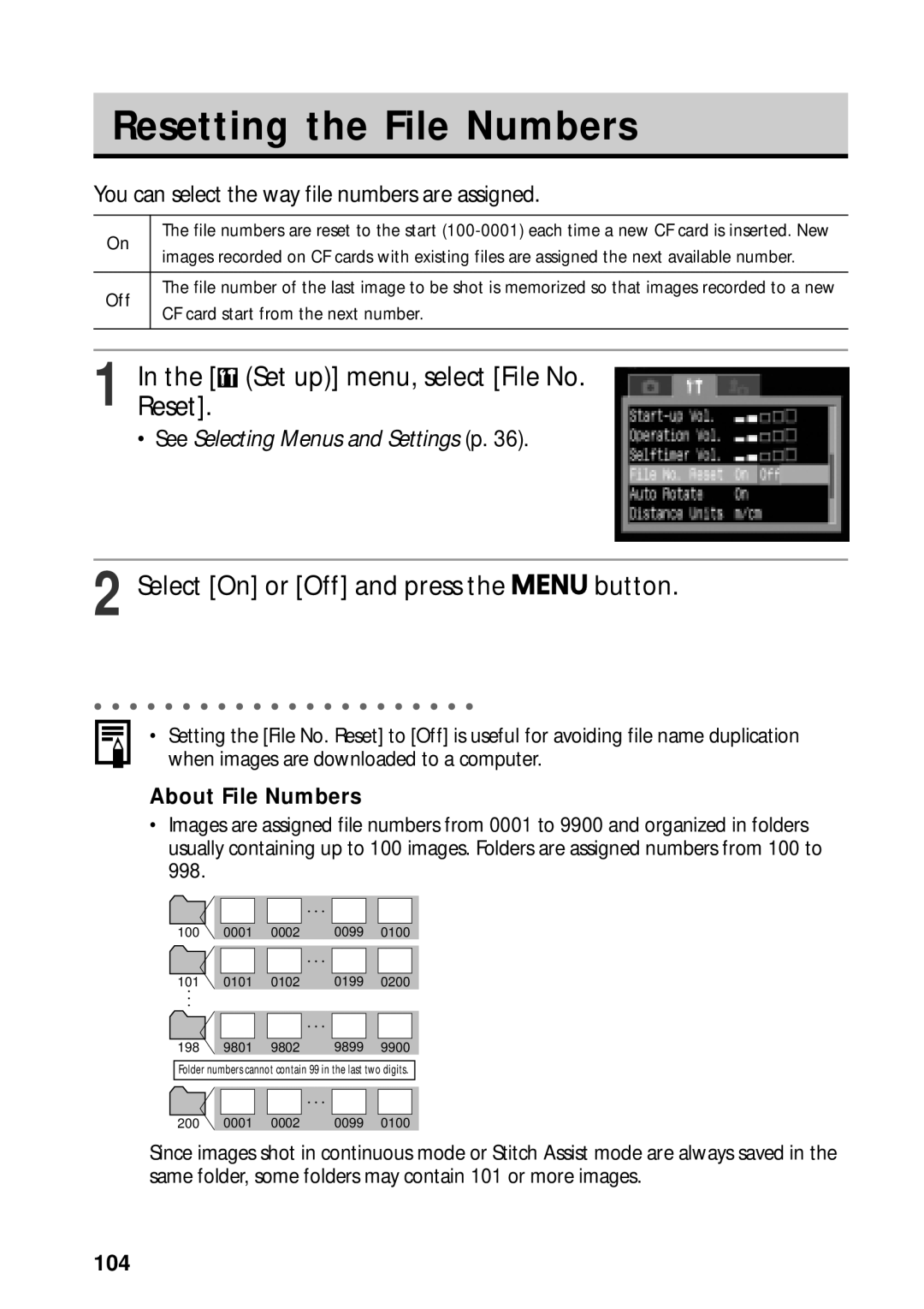 Canon PowerShot S45 Resetting the File Numbers, Set up menu, select File No. Reset, Select On or Off and press the button 