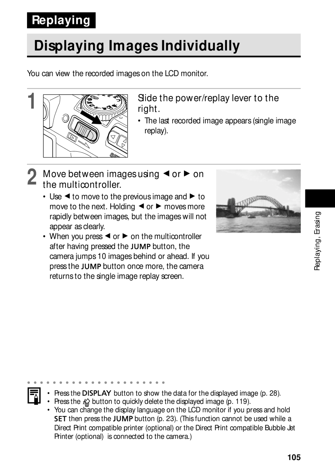 Canon PowerShot S45 manual Displaying Images Individually, Slide the power/replay lever to, Right 