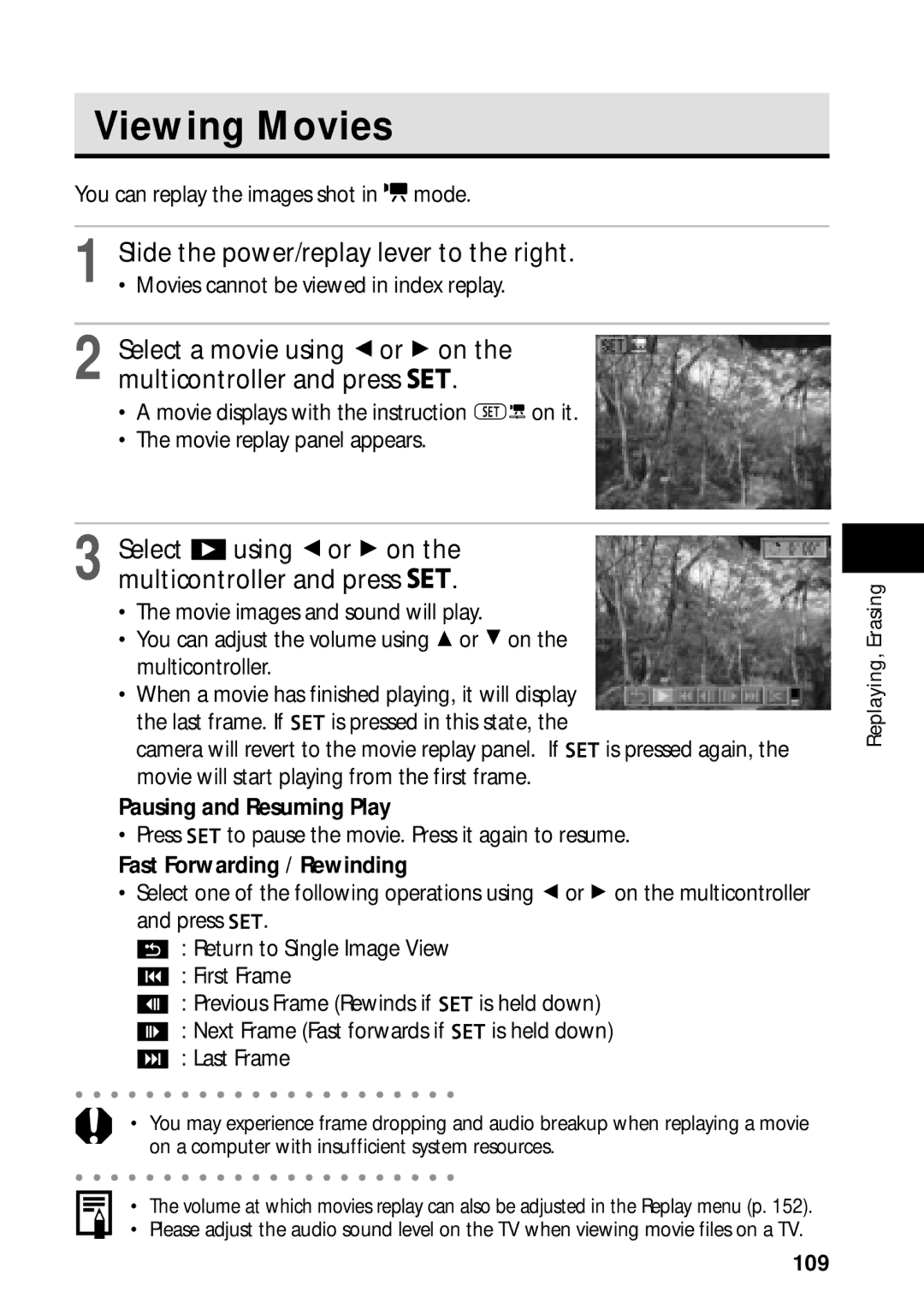 Canon PowerShot S45 Viewing Movies, Select a movie using B or a on Multicontroller and press, Pausing and Resuming Play 