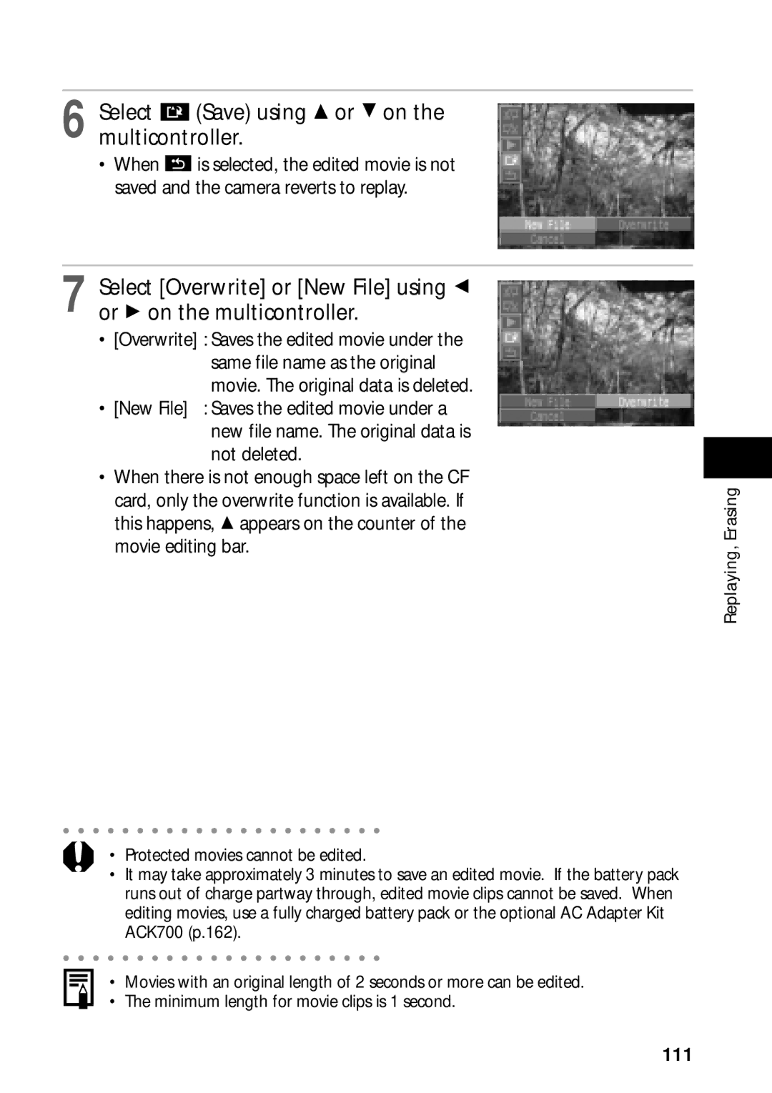 Canon PowerShot S45 manual Select Save using C or D on the multicontroller, Overwrite Saves the edited movie under, 111 