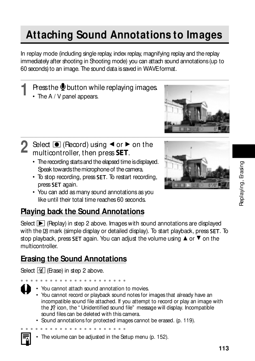 Canon PowerShot S45 manual Attaching Sound Annotations to Images, Playing back the Sound Annotations 