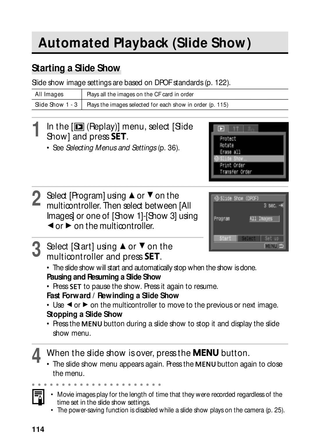 Canon PowerShot S45 manual Automated Playback Slide Show, Starting a Slide Show, Replay menu, select Slide Show and press 