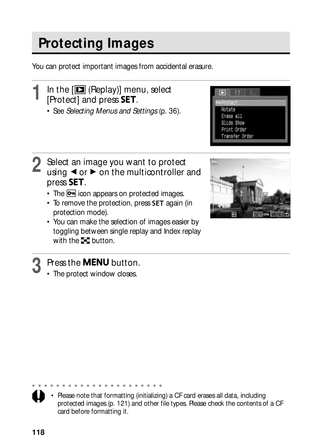 Canon PowerShot S45 manual Protecting Images, Replay menu, select Protect and press, 118 
